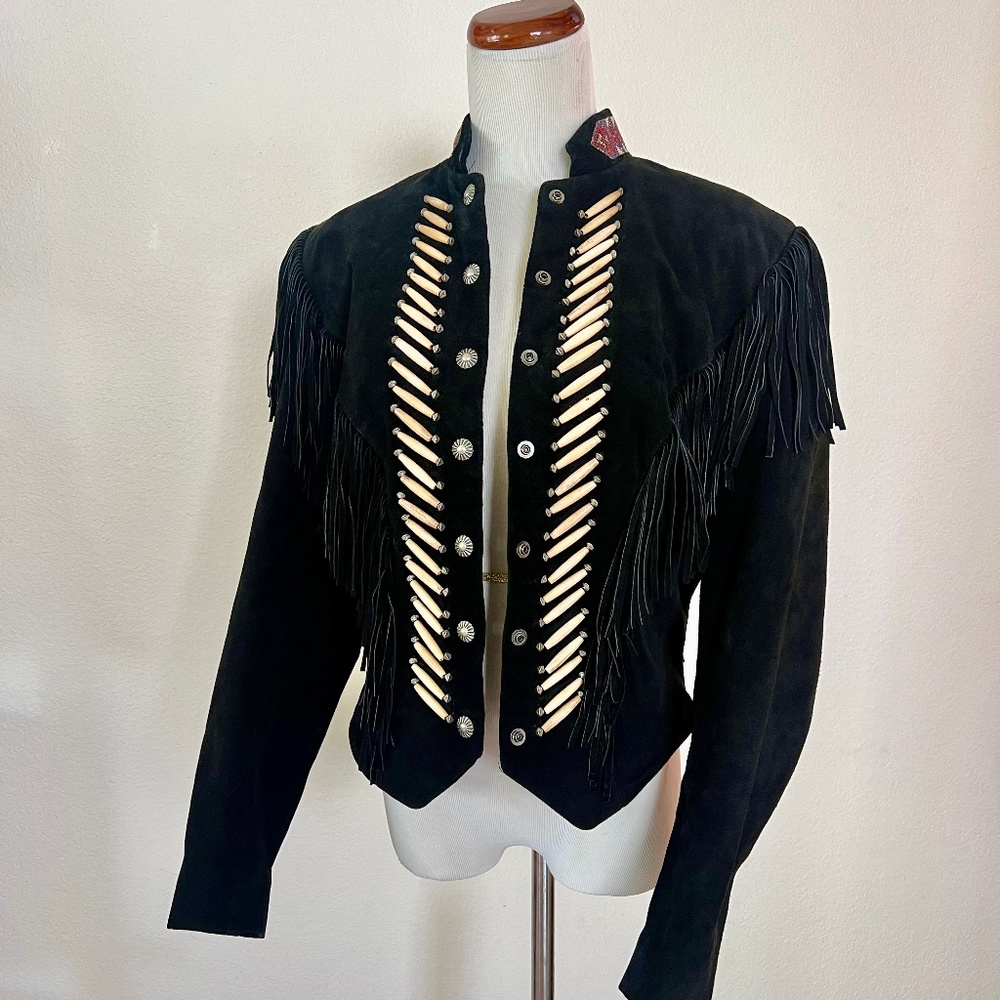 Vintage Black Leather Jacket Suede Western Beaded Fringe Size Medium Large